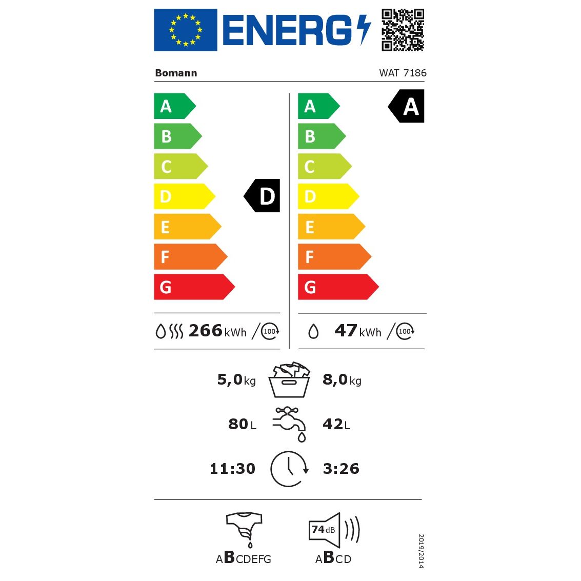 Masina de spalat rufe cu uscator Bomann, WAT7186N, capacitate 8kg, clasa A, 12 programe prestabilite + 3 programe uscare, 1400 rpm, afisaj LED, 6 trepte temperatura, protectie la preaplin, pornire intarziata, control spuma, control balans cuva, antracit