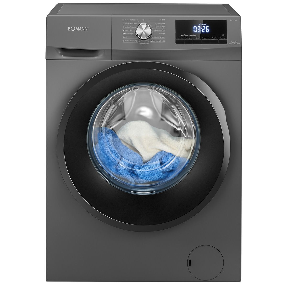 Masina de spalat rufe cu uscator Bomann, WAT7186N, capacitate 8kg, clasa A, 12 programe prestabilite + 3 programe uscare, 1400 rpm, afisaj LED, 6 trepte temperatura, protectie la preaplin, pornire intarziata, control spuma, control balans cuva, antracit