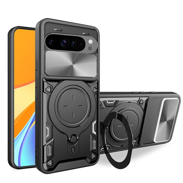 Husa telefon, pentru Google Pixel 9 / 9 Pro / 10 10 Pro, Capac de obiectiv al camerei glisante, inel rotativ 360°, Albastru