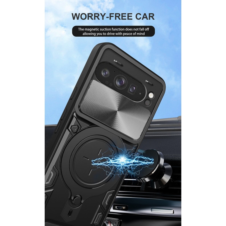 Husa telefon, pentru Google Pixel 9 / 9 Pro / 10 10 Pro, Capac de obiectiv al camerei glisante, inel rotativ 360°, Albastru