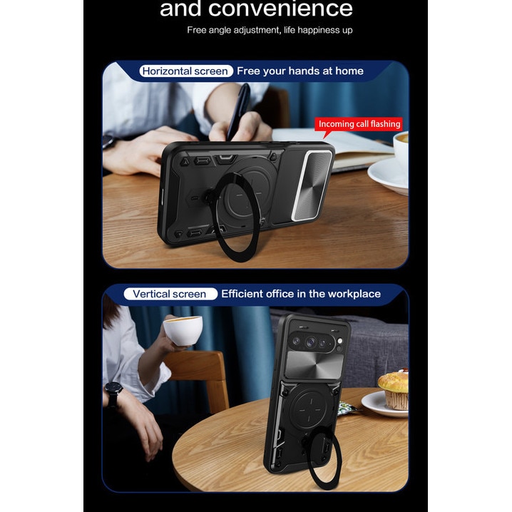 Husa telefon, pentru Google Pixel 9 / 9 Pro / 10 10 Pro, Capac de obiectiv al camerei glisante, inel rotativ 360°, Albastru