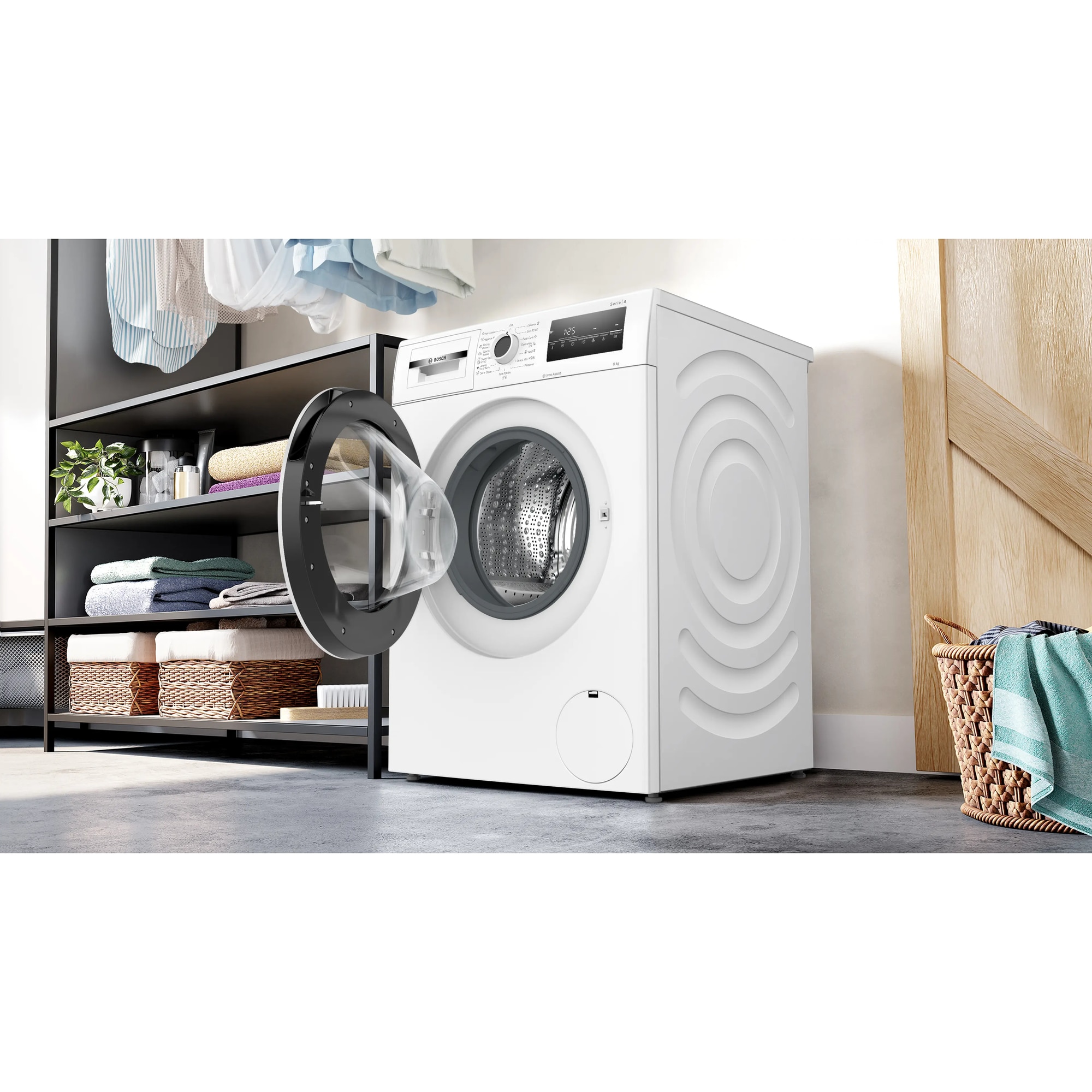 RESIGILAT: Masina de spalat rufe Bosch WAN2826SBY, 8 Kg, 1400 RPM, Iron Assist, Hygiene Plus, EcoSilence Drive, Control electronic/touch, Speed Perfect, program Dark colors, Clasa A, 60 cm, Alb/antracit