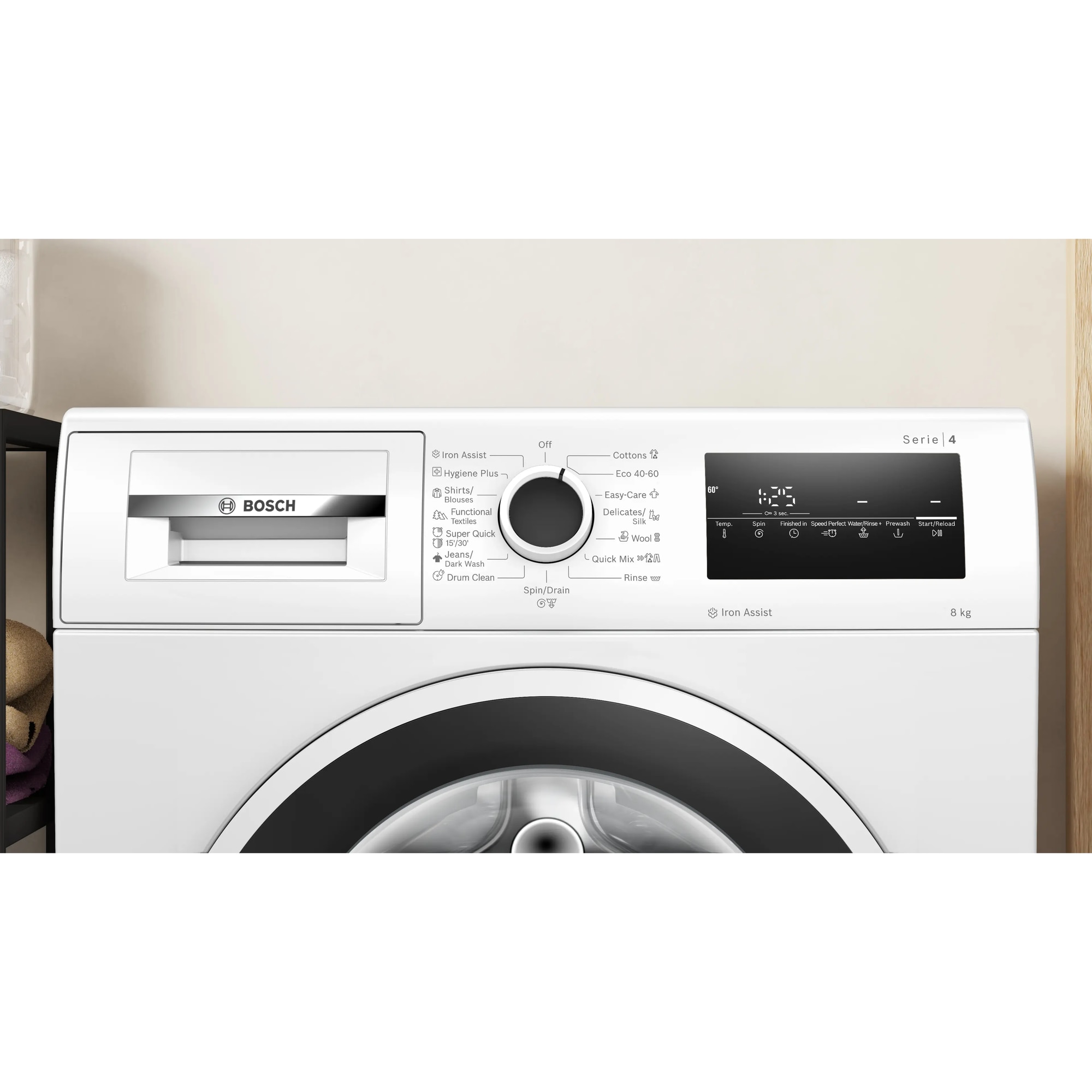 RESIGILAT: Masina de spalat rufe Bosch WAN2826SBY, 8 Kg, 1400 RPM, Iron Assist, Hygiene Plus, EcoSilence Drive, Control electronic/touch, Speed Perfect, program Dark colors, Clasa A, 60 cm, Alb/antracit
