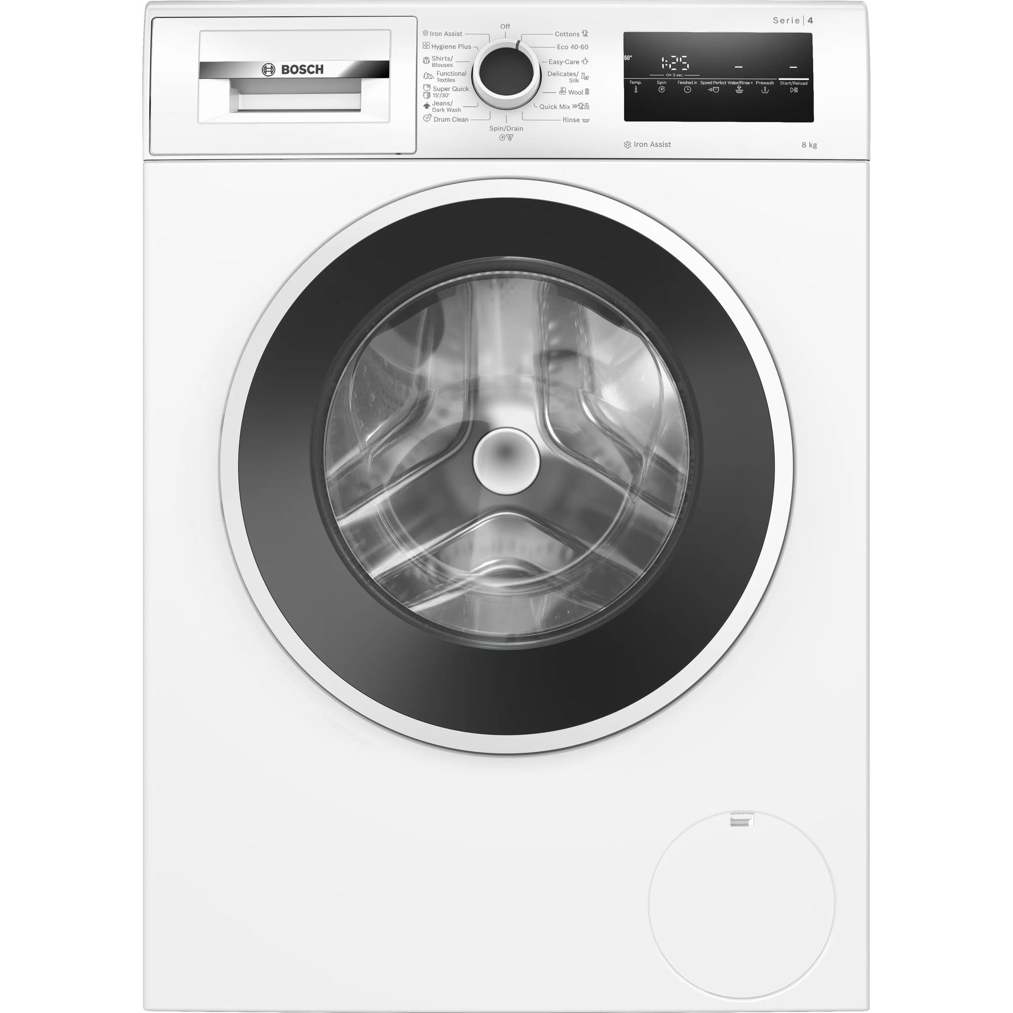 RESIGILAT: Masina de spalat rufe Bosch WAN2826SBY, 8 Kg, 1400 RPM, Iron Assist, Hygiene Plus, EcoSilence Drive, Control electronic/touch, Speed Perfect, program Dark colors, Clasa A, 60 cm, Alb/antracit