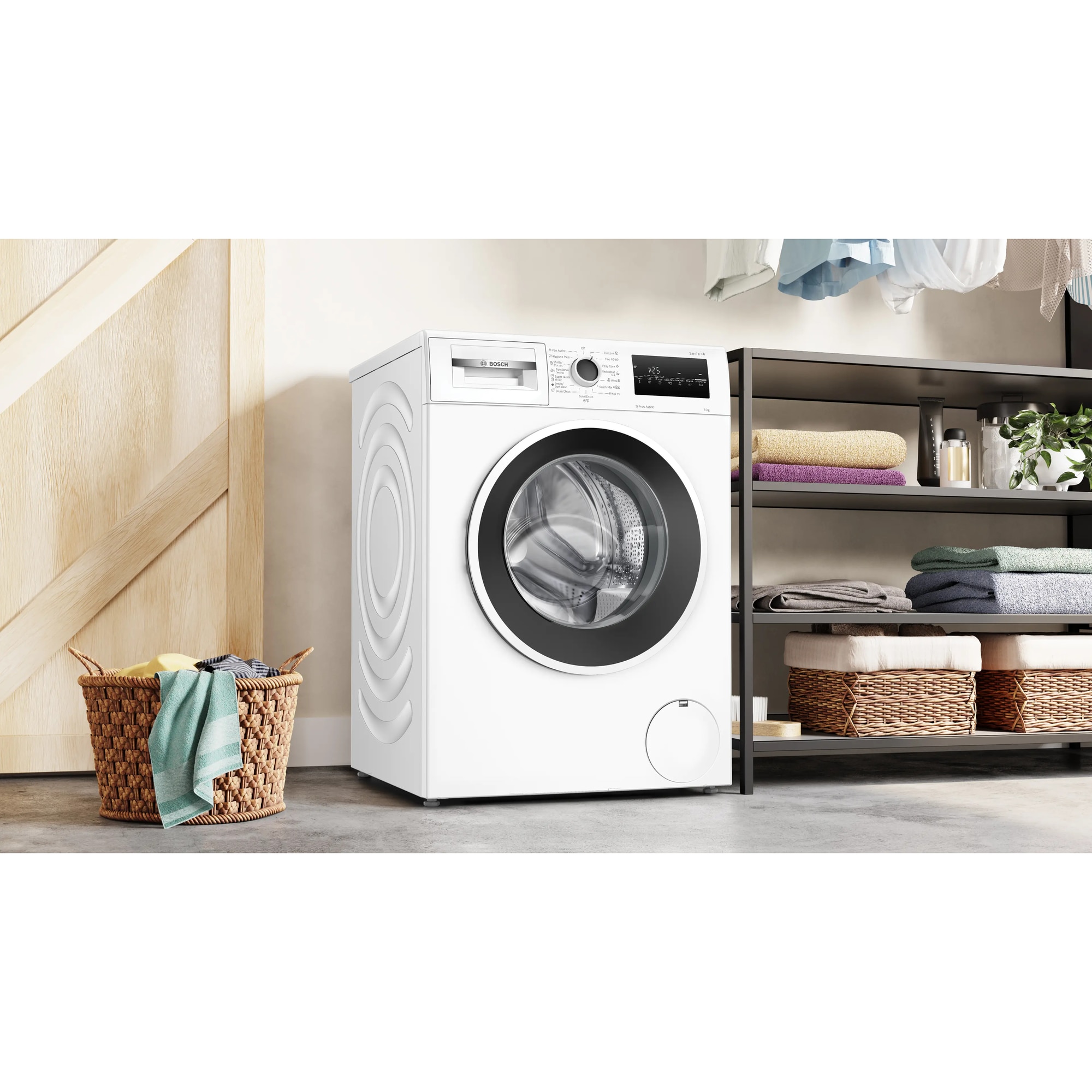 RESIGILAT: Masina de spalat rufe Bosch WAN2826SBY, 8 Kg, 1400 RPM, Iron Assist, Hygiene Plus, EcoSilence Drive, Control electronic/touch, Speed Perfect, program Dark colors, Clasa A, 60 cm, Alb/antracit