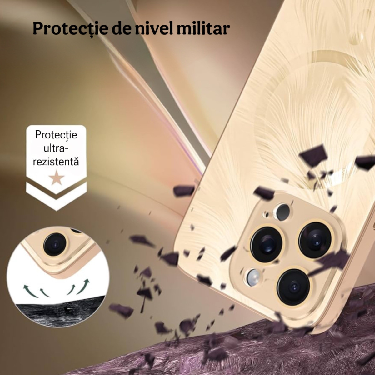 Husa de Protectie Pentru iPhone 14 ProMax MagSafe, Culoare Gold lucios cu efect 3D tip pana, design elegant si protectie completa inclusiv Lentile impotriva socurilor si zgarieturilor