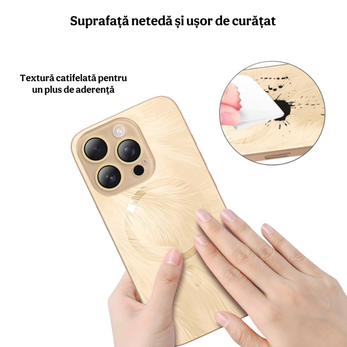 Husa de Protectie Pentru iPhone 14 ProMax MagSafe, Culoare Gold lucios cu efect 3D tip pana, design elegant si protectie completa inclusiv Lentile impotriva socurilor si zgarieturilor