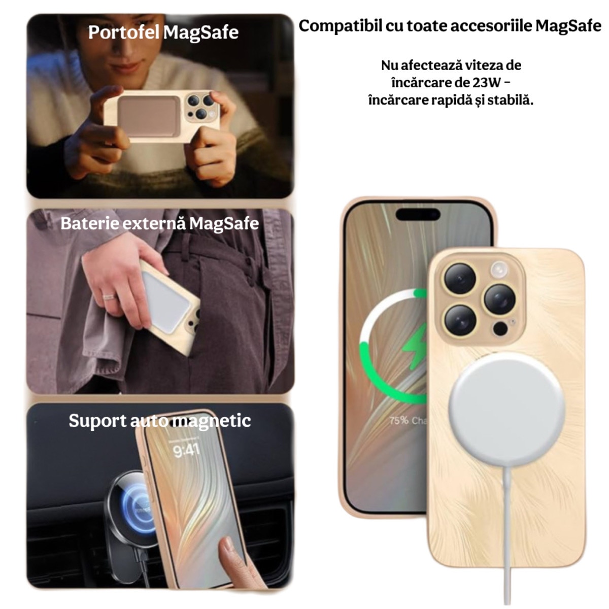 Husa de Protectie Pentru iPhone 14 ProMax MagSafe, Culoare Gold lucios cu efect 3D tip pana, design elegant si protectie completa inclusiv Lentile impotriva socurilor si zgarieturilor