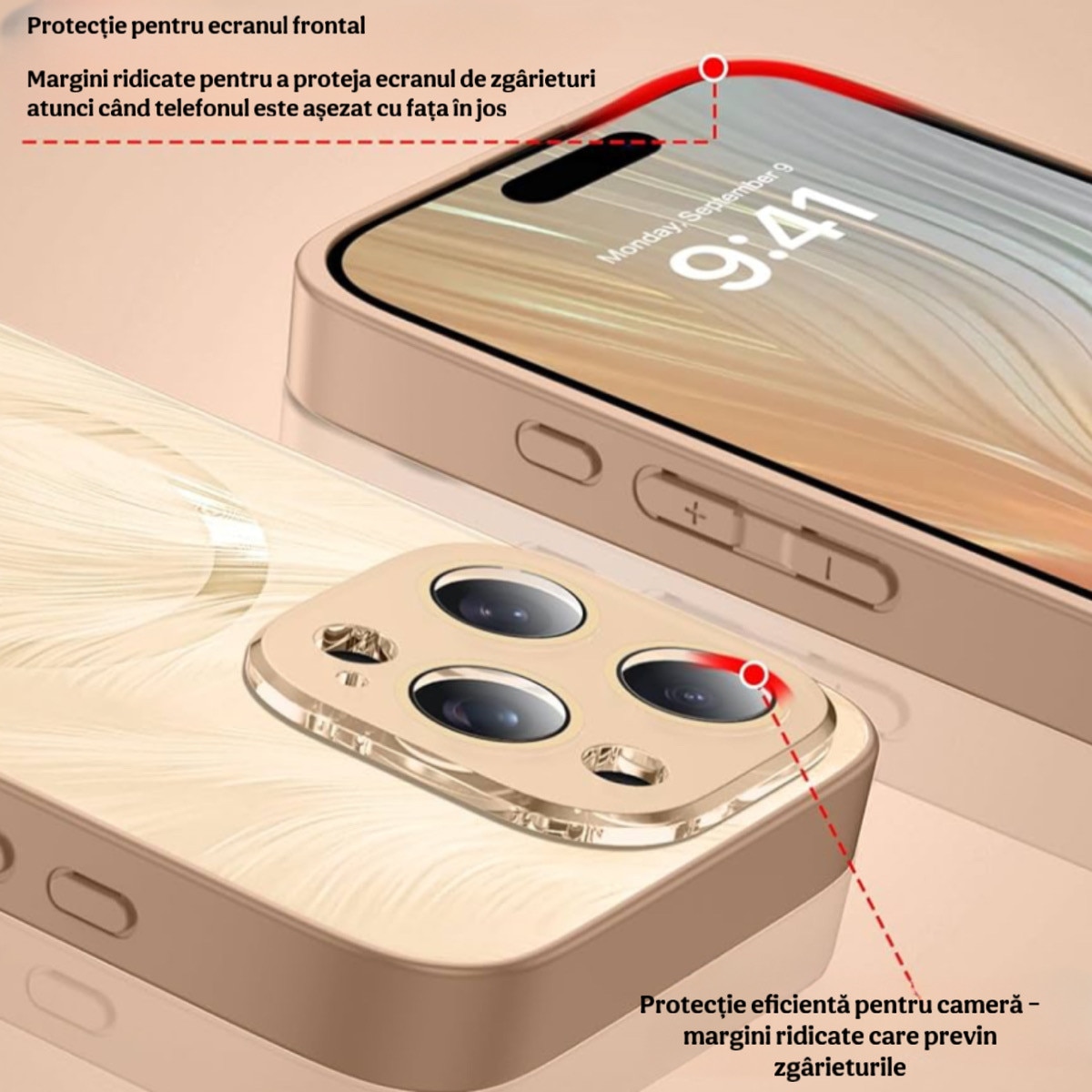 Husa de Protectie Pentru iPhone 14 ProMax MagSafe, Culoare Gold lucios cu efect 3D tip pana, design elegant si protectie completa inclusiv Lentile impotriva socurilor si zgarieturilor