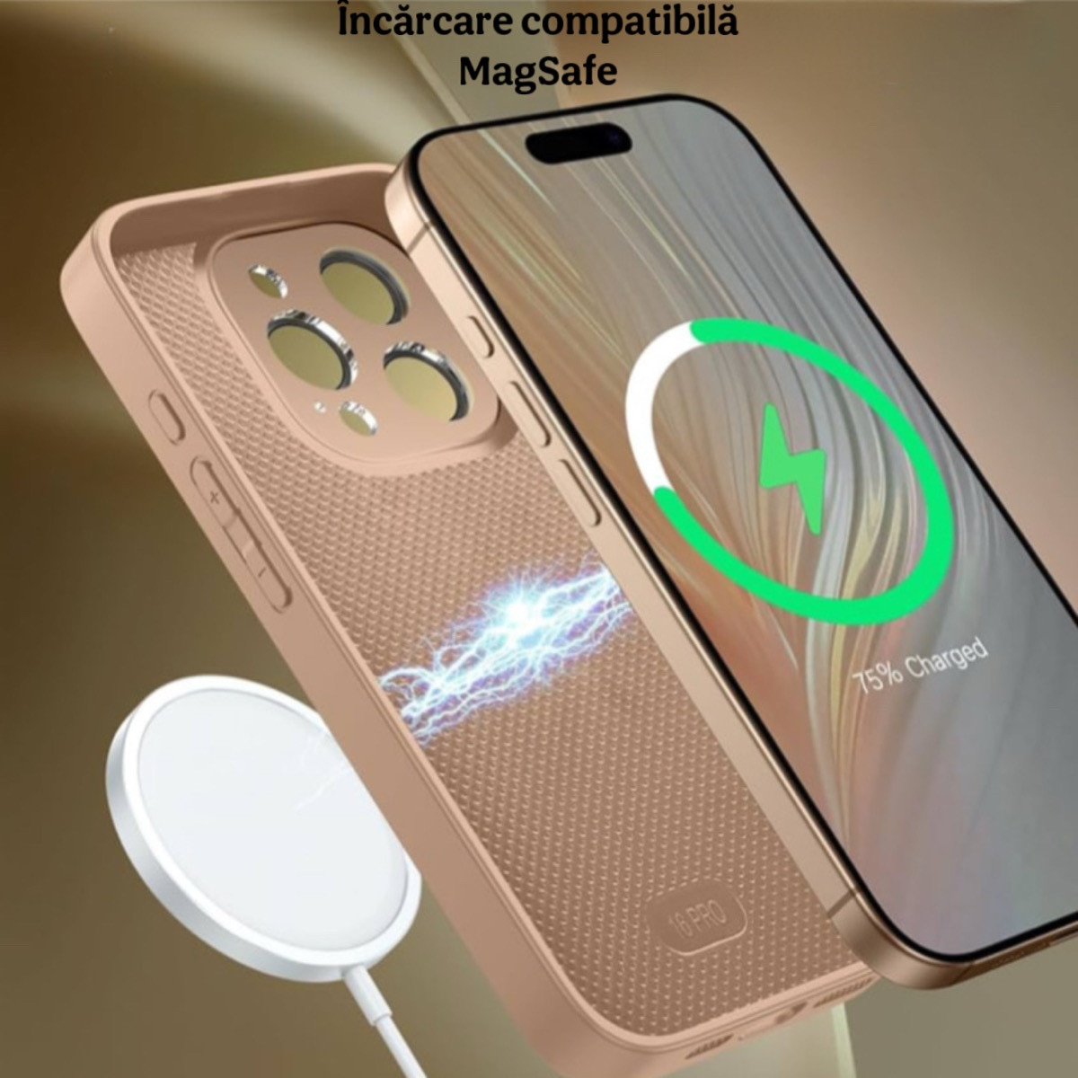 Husa de Protectie Pentru iPhone 14 ProMax MagSafe, Culoare Gold lucios cu efect 3D tip pana, design elegant si protectie completa inclusiv Lentile impotriva socurilor si zgarieturilor