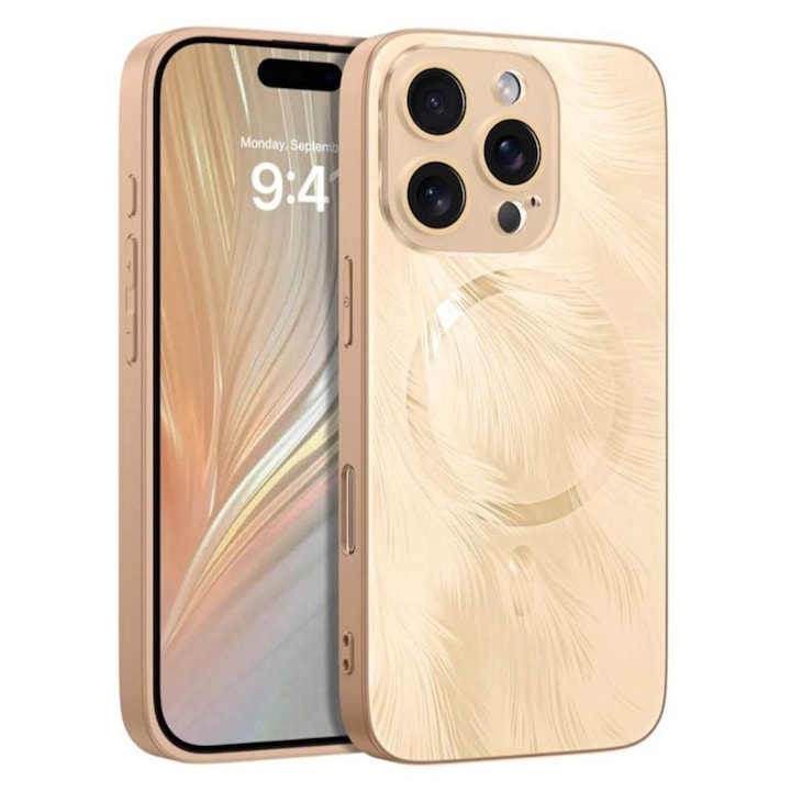 Husa de Protectie Pentru iPhone 14 ProMax MagSafe, Culoare Gold lucios cu efect 3D tip pana, design elegant si protectie completa inclusiv Lentile impotriva socurilor si zgarieturilor