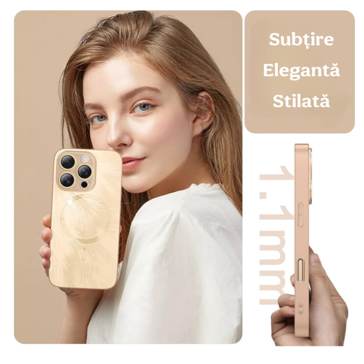 Husa de Protectie Pentru iPhone 14 ProMax MagSafe, Culoare Gold lucios cu efect 3D tip pana, design elegant si protectie completa inclusiv Lentile impotriva socurilor si zgarieturilor