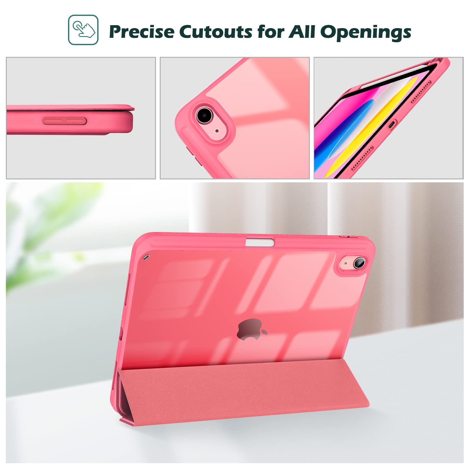 Husa tableta pentru iPad 11th gen 11-inch 2025 si iPad 10th gen 10.9-inch 2022, compartiment pentru Apple Pencil, design tri-fold, capac spate transparent, auto sleep/wake, ZYciyci®, rosu pepene verde