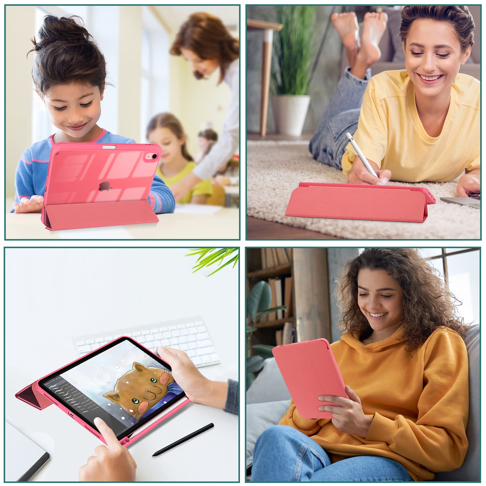 Husa tableta pentru iPad 11th gen 11-inch 2025 si iPad 10th gen 10.9-inch 2022, compartiment pentru Apple Pencil, design tri-fold, capac spate transparent, auto sleep/wake, ZYciyci®, rosu pepene verde