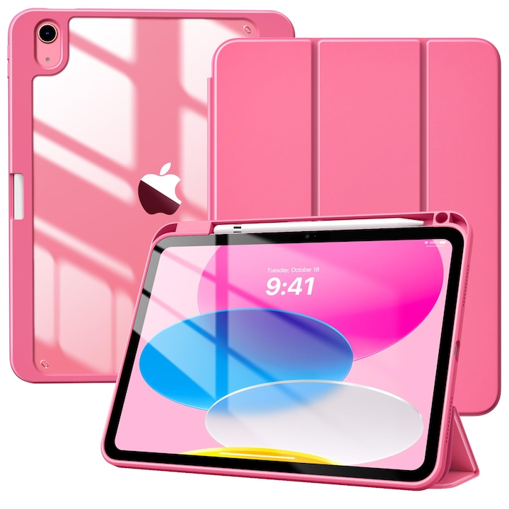 Husa tableta pentru iPad 11th gen 11-inch 2025 si iPad 10th gen 10.9-inch 2022, compartiment pentru Apple Pencil, design tri-fold, capac spate transparent, auto sleep/wake, ZYciyci®, rosu pepene verde