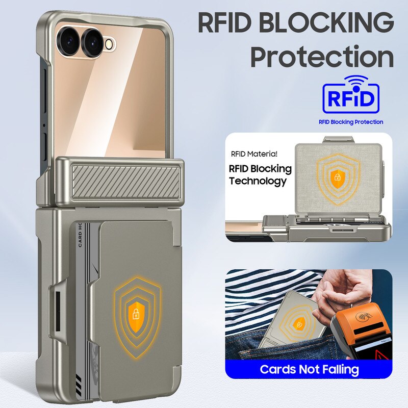Husa telefon, pentru Samsung Galaxy Z Flip 7, cu suport pentru carduri, protectie pentru balama, protectie ecran, Titan Gray