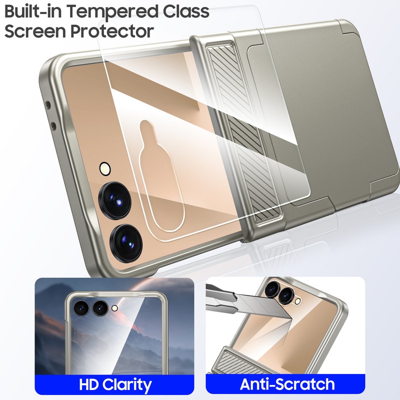 Husa telefon, pentru Samsung Galaxy Z Flip 7, cu suport pentru carduri, protectie pentru balama, protectie ecran, Titan Gray