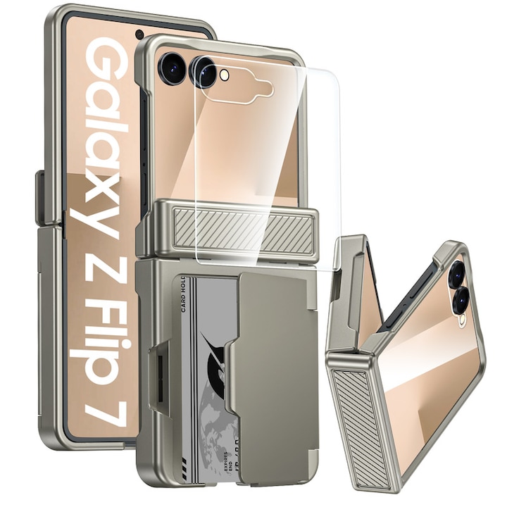 Husa telefon, pentru Samsung Galaxy Z Flip 7, cu suport pentru carduri, protectie pentru balama, protectie ecran, Titan Gray