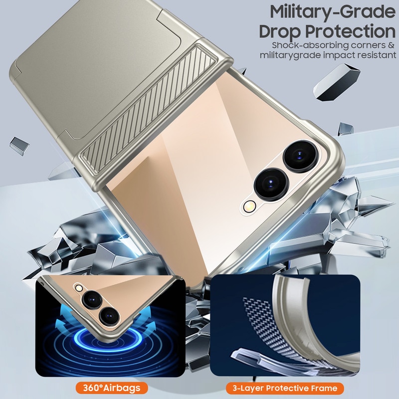 Husa telefon, pentru Samsung Galaxy Z Flip 7, cu suport pentru carduri, protectie pentru balama, protectie ecran, Titan Gray