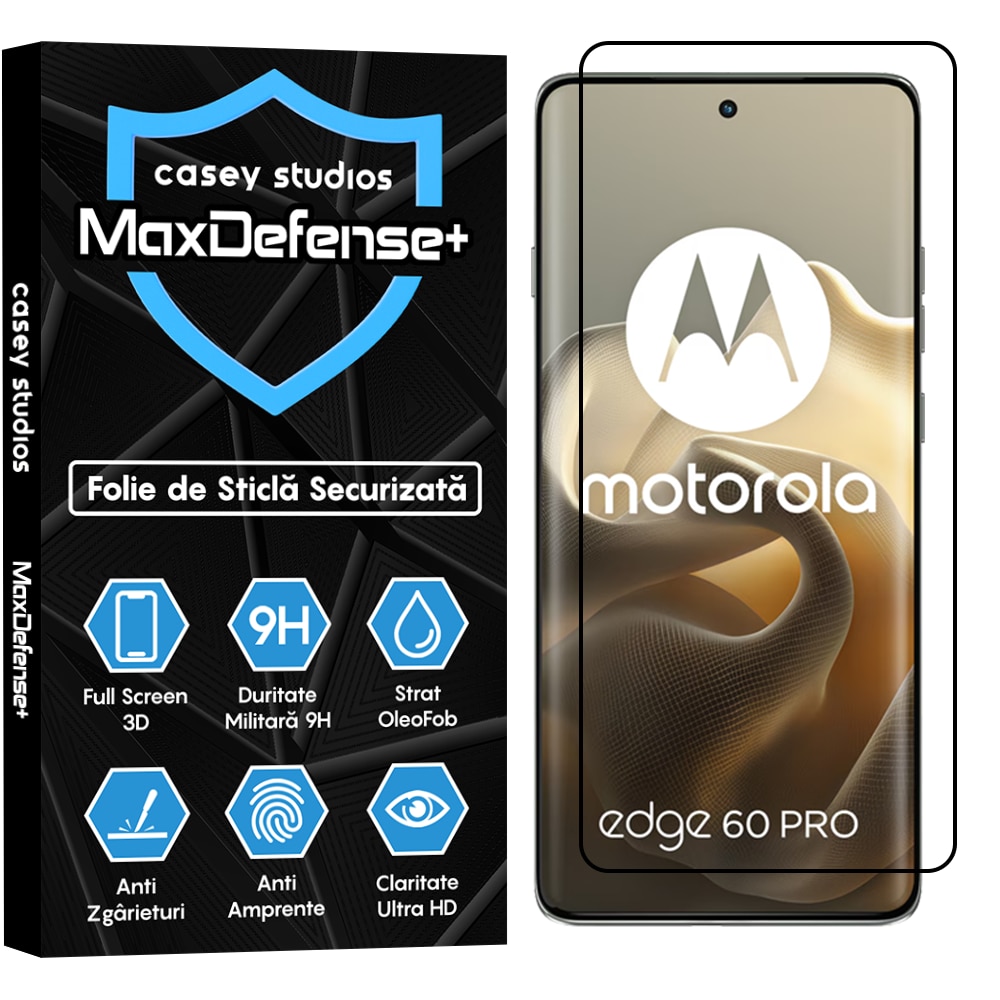 Folie Sticla CASEY STUDIOS™ pentru Motorola Edge 60 Pro, Full Cover 3D, Full Glue, Duritate Militara, Protectie Profesionala Ecran 3D, Anti Zgarieturi, Margini Negre