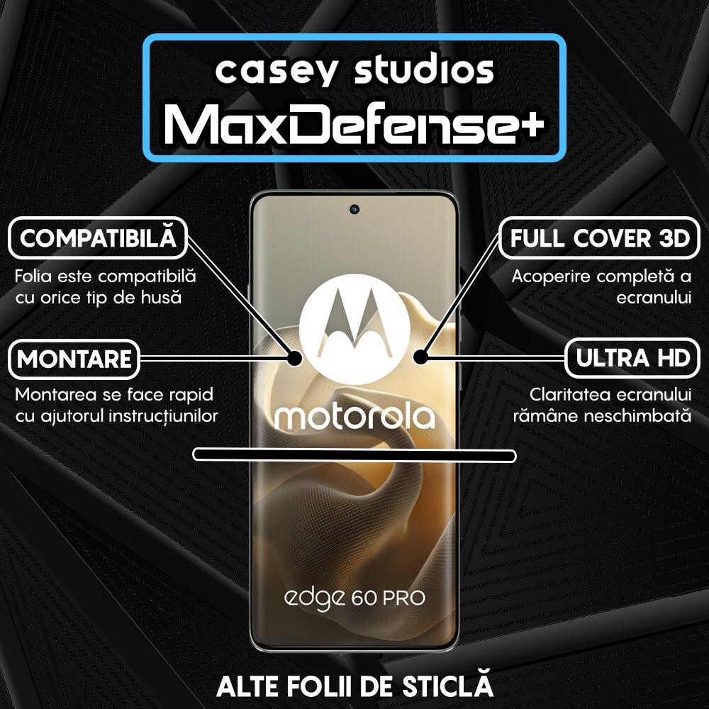 Folie Sticla CASEY STUDIOS™ pentru Motorola Edge 60 Pro, Full Cover 3D, Full Glue, Duritate Militara, Protectie Profesionala Ecran 3D, Anti Zgarieturi, Margini Negre