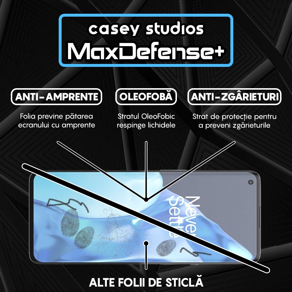 Folie Sticla CASEY STUDIOS™ compatibila cu OnePlus 9 Pro, MaxDefense+, Anti Zgarieturi, Full Glue, Full Cover 3D, Protectie Ecran 3D, Duritate Ridicata, Margini Negre