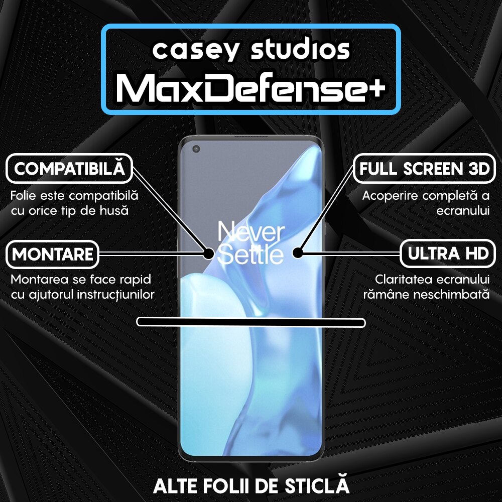 Folie Sticla CASEY STUDIOS™ compatibila cu OnePlus 9 Pro, MaxDefense+, Anti Zgarieturi, Full Glue, Full Cover 3D, Protectie Ecran 3D, Duritate Ridicata, Margini Negre
