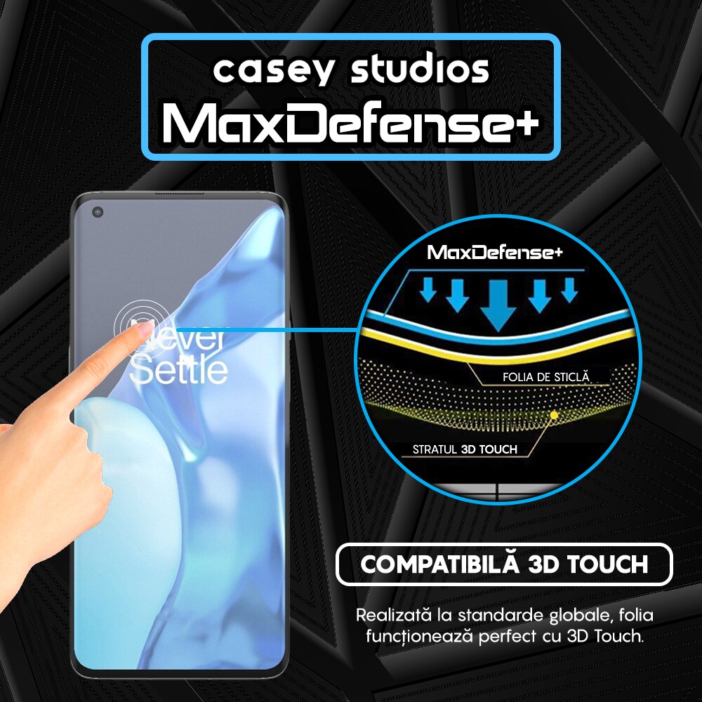 Folie Sticla CASEY STUDIOS™ compatibila cu OnePlus 9 Pro, MaxDefense+, Anti Zgarieturi, Full Glue, Full Cover 3D, Protectie Ecran 3D, Duritate Ridicata, Margini Negre