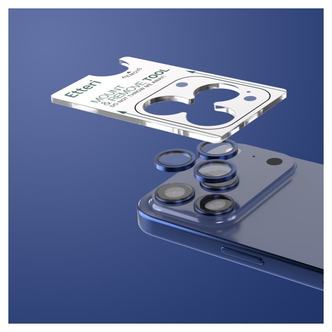 Folie Protectie Camera Individuala Etteri Compatibila Cu iPhone 17 Pro Max, Rama Metal, Aplicator Inclus, Blue