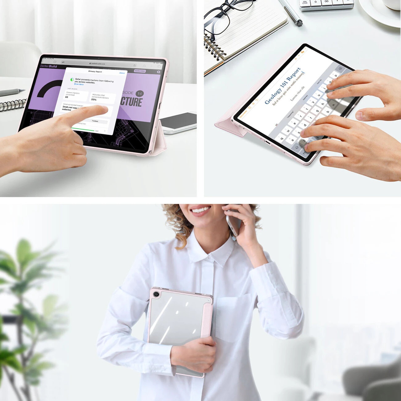 Husa premium pentru Samsung Galaxy Tab S6 Lite 2024/2022, 10.4", Sigloo, interior de piele sintetica, suport Smart Pen, spatele din policarbonat transparent, rezistent la socuri, Pink