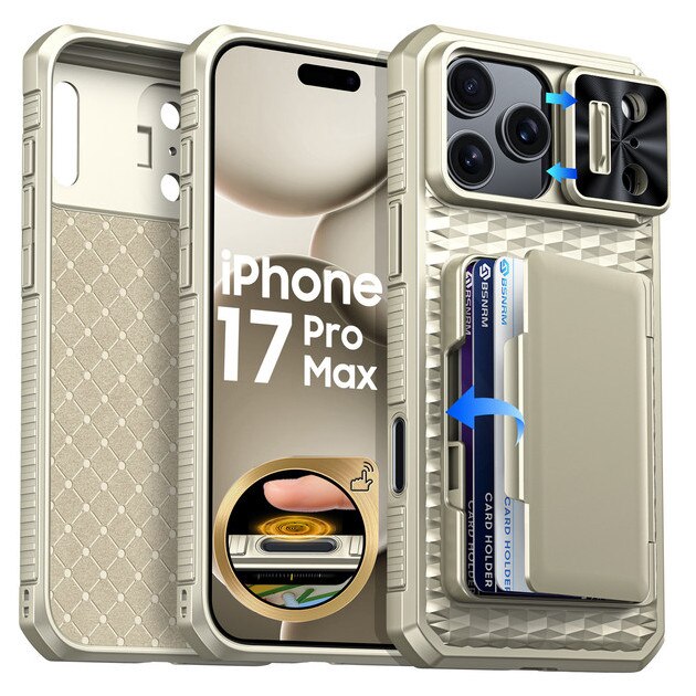 Husa pentru iPhone 17 Pro Max, protectie completa, antiscoc, suport, rigid, gauri precise, capac glisant camera, portofel cu slot carduri, protectie RFID, Titan Gray