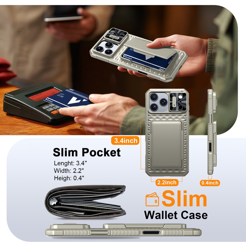 Husa pentru iPhone 17 Pro Max, protectie completa, antiscoc, suport, rigid, gauri precise, capac glisant camera, portofel cu slot carduri, protectie RFID, Titan Gray
