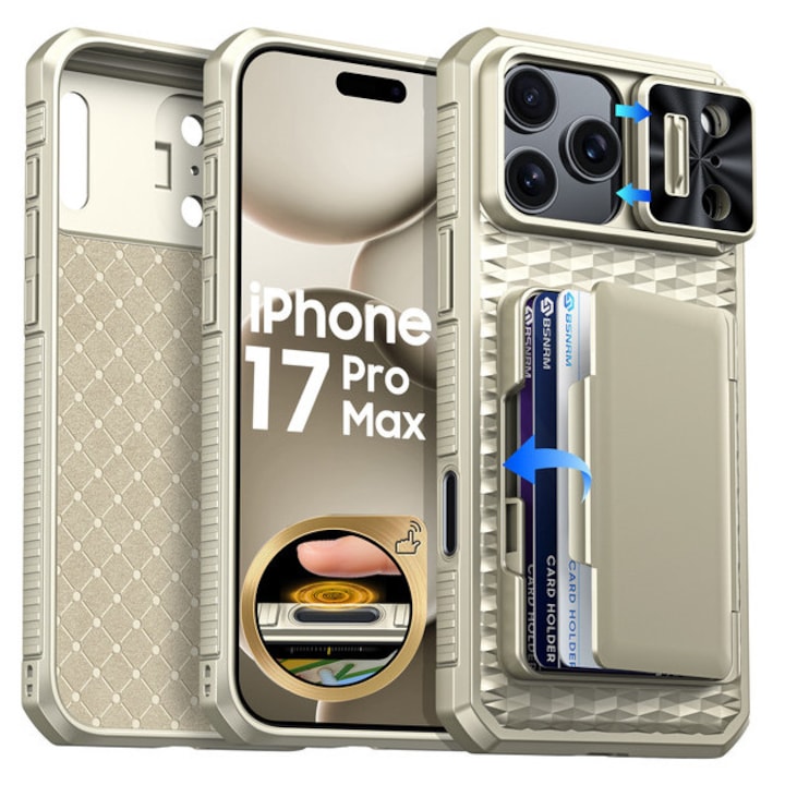 Husa pentru iPhone 17 Pro Max, protectie completa, antiscoc, suport, rigid, gauri precise, capac glisant camera, portofel cu slot carduri, protectie RFID, Titan Gray