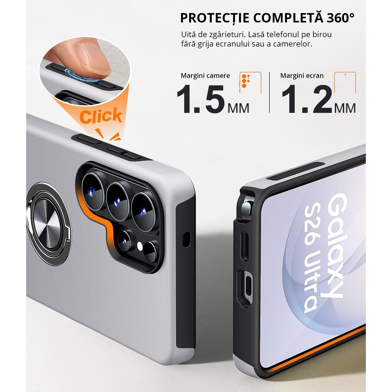Husa MobileSmart pentru Samsung Galaxy S26 ULTRA, Inel Rotativ 360°, Suport Auto Magnetic, Protectie Camera, Antisoc, Silver