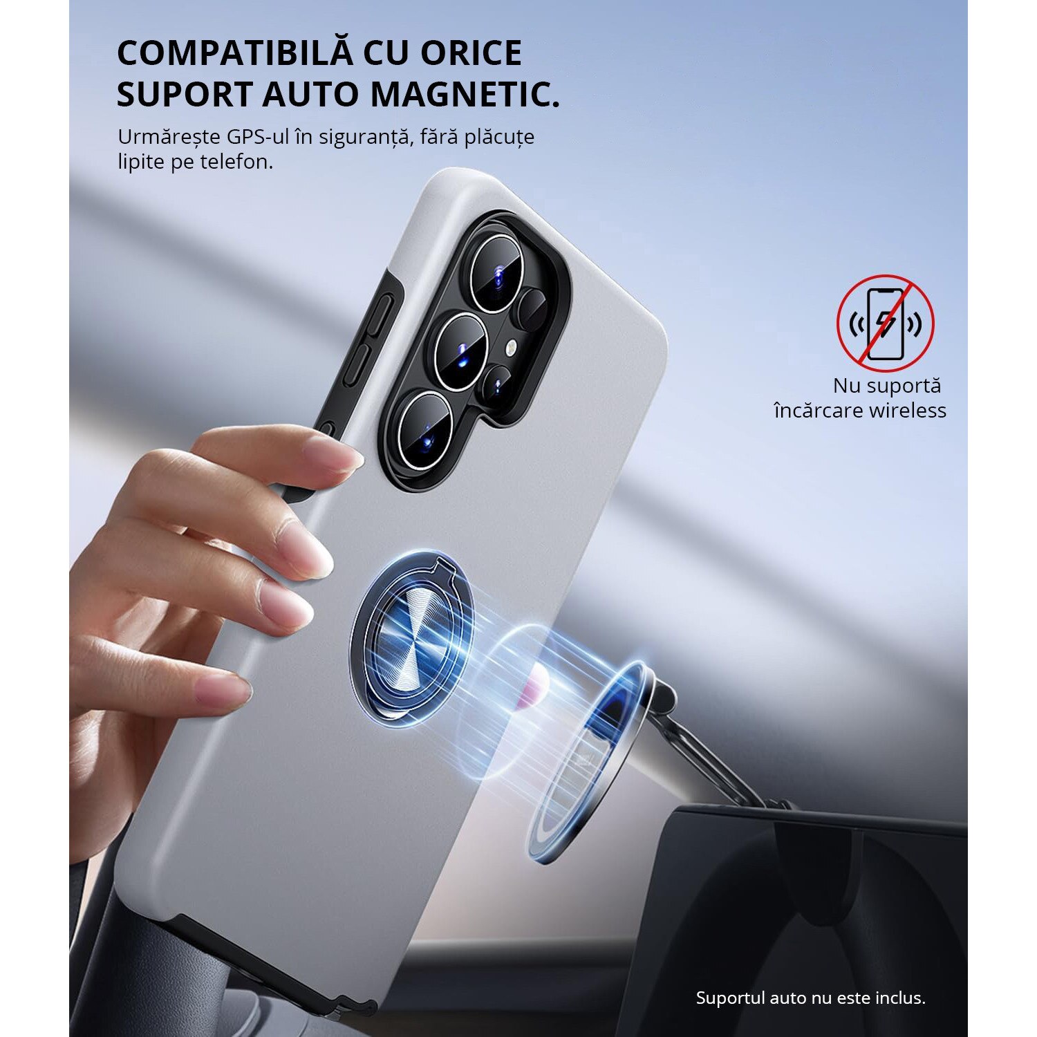Husa MobileSmart pentru Samsung Galaxy S26 ULTRA, Inel Rotativ 360°, Suport Auto Magnetic, Protectie Camera, Antisoc, Silver