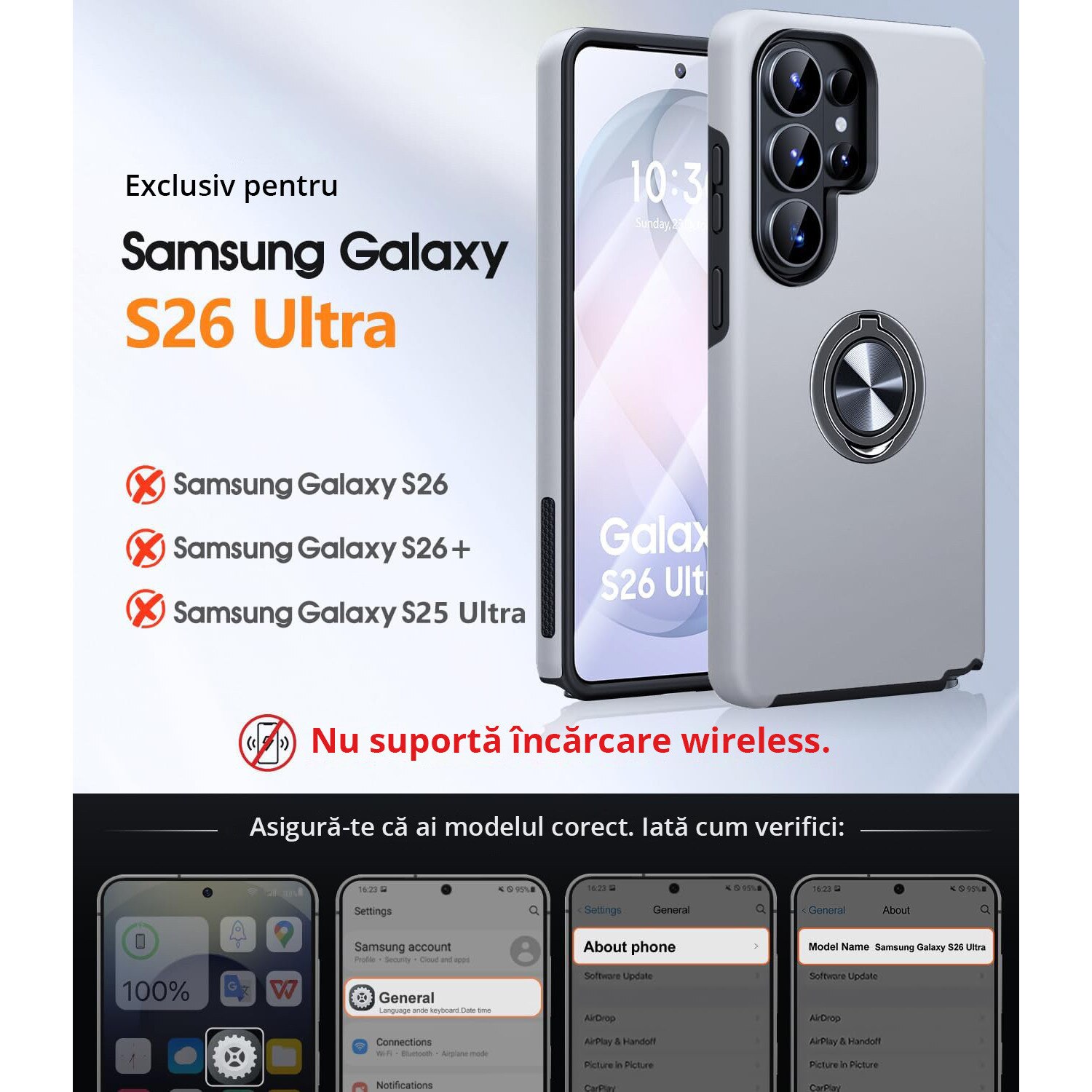 Husa MobileSmart pentru Samsung Galaxy S26 ULTRA, Inel Rotativ 360°, Suport Auto Magnetic, Protectie Camera, Antisoc, Silver