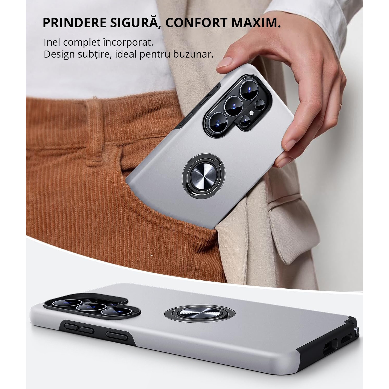 Husa MobileSmart pentru Samsung Galaxy S26 ULTRA, Inel Rotativ 360°, Suport Auto Magnetic, Protectie Camera, Antisoc, Silver