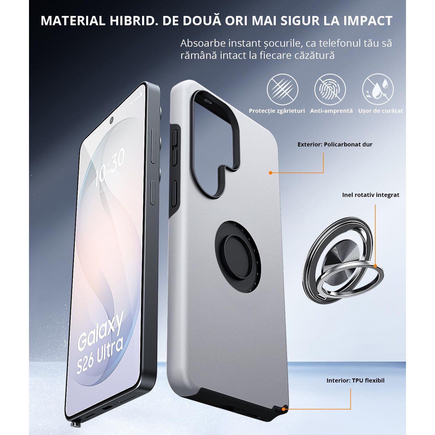 Husa MobileSmart pentru Samsung Galaxy S26 ULTRA, Inel Rotativ 360°, Suport Auto Magnetic, Protectie Camera, Antisoc, Silver