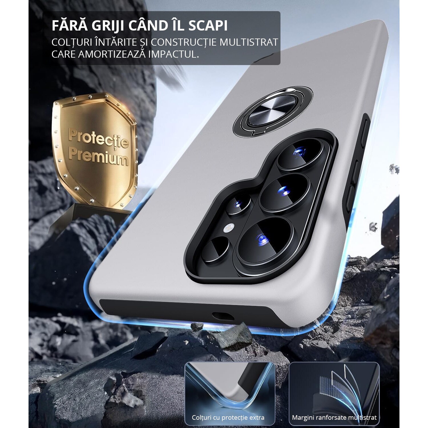 Husa MobileSmart pentru Samsung Galaxy S26 ULTRA, Inel Rotativ 360°, Suport Auto Magnetic, Protectie Camera, Antisoc, Silver