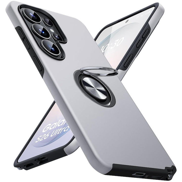 Husa MobileSmart pentru Samsung Galaxy S26 ULTRA, Inel Rotativ 360°, Suport Auto Magnetic, Protectie Camera, Antisoc, Silver