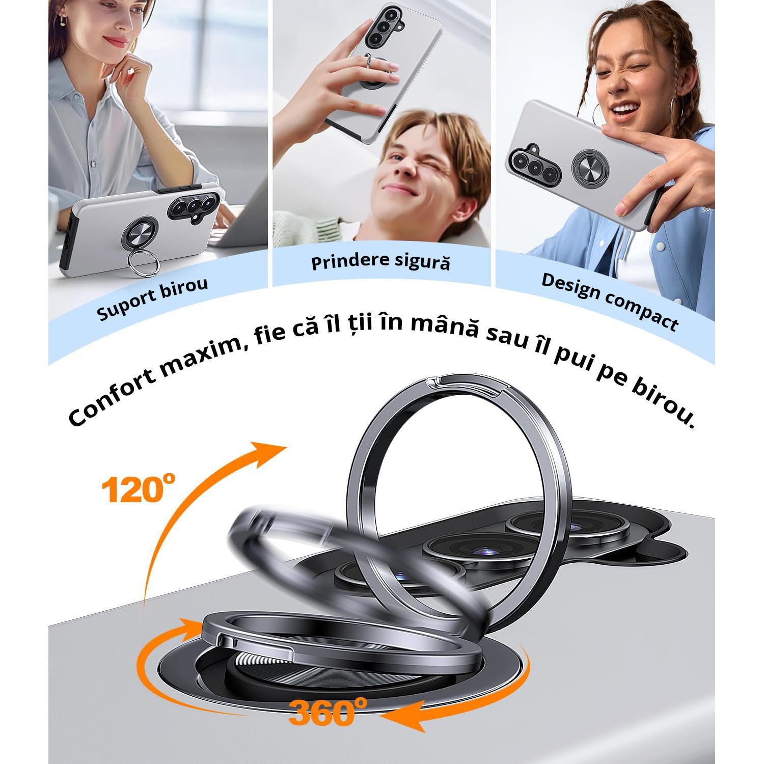Husa MobileSmart pentru Samsung Galaxy S26 ULTRA, Inel Rotativ 360°, Suport Auto Magnetic, Protectie Camera, Antisoc, Silver