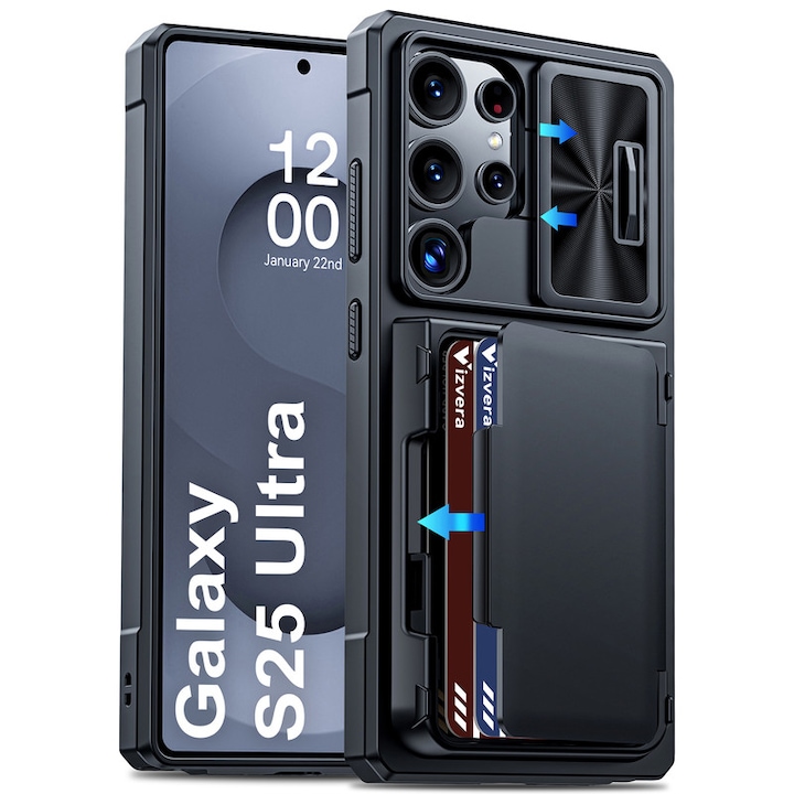 Husa pentru Samsung Galaxy S25 Ultra, Capac Glisant pentru Camera, Slot Card RFID，design portofel, protectie soc, Rezistent la socuri, protectie la cadere