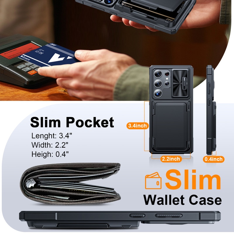 Husa pentru Samsung Galaxy S25 Ultra, Capac Glisant pentru Camera, Slot Card RFID，design portofel, protectie soc, Rezistent la socuri, protectie la cadere