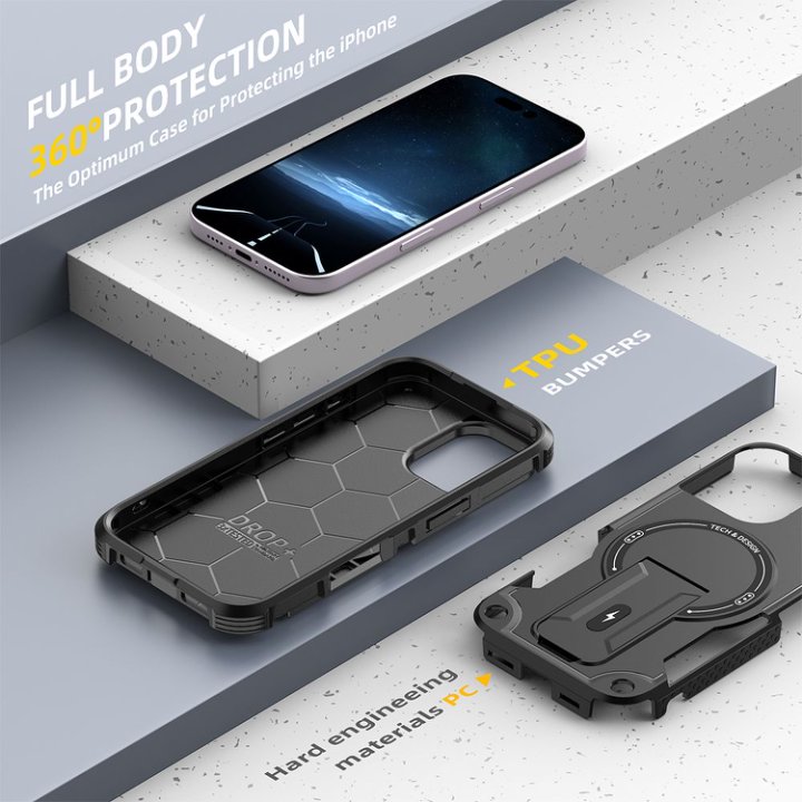 Husa Bumper Compatibil cu iPhone 16, Protectie 4 Colturi Anti-soc, Suport Fix, MagSafe Compatibil, Magnet Puternic, PC + TPU, Negru Grafit