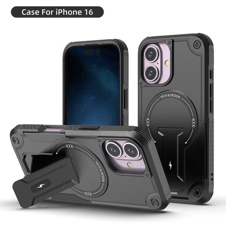 Husa Bumper Compatibil cu iPhone 16, Protectie 4 Colturi Anti-soc, Suport Fix, MagSafe Compatibil, Magnet Puternic, PC + TPU, Negru Grafit