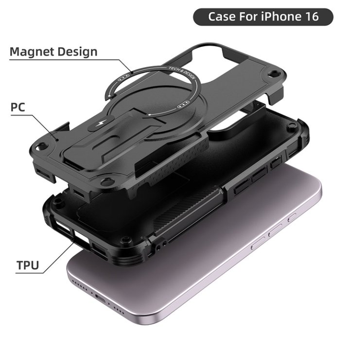 Husa Bumper Compatibil cu iPhone 16, Protectie 4 Colturi Anti-soc, Suport Fix, MagSafe Compatibil, Magnet Puternic, PC + TPU, Negru Grafit
