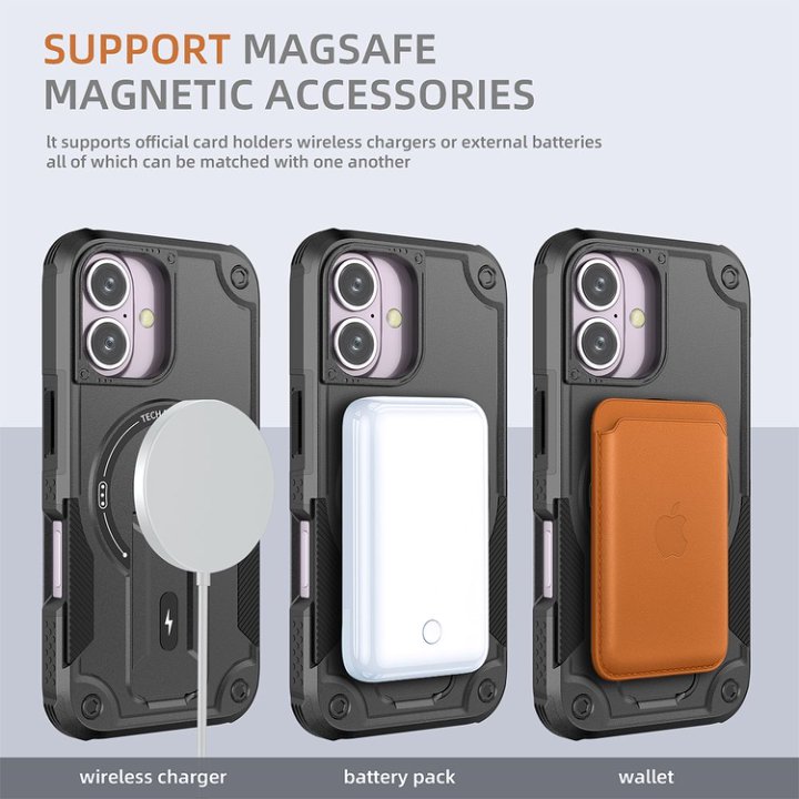 Husa Bumper Compatibil cu iPhone 16, Protectie 4 Colturi Anti-soc, Suport Fix, MagSafe Compatibil, Magnet Puternic, PC + TPU, Negru Grafit