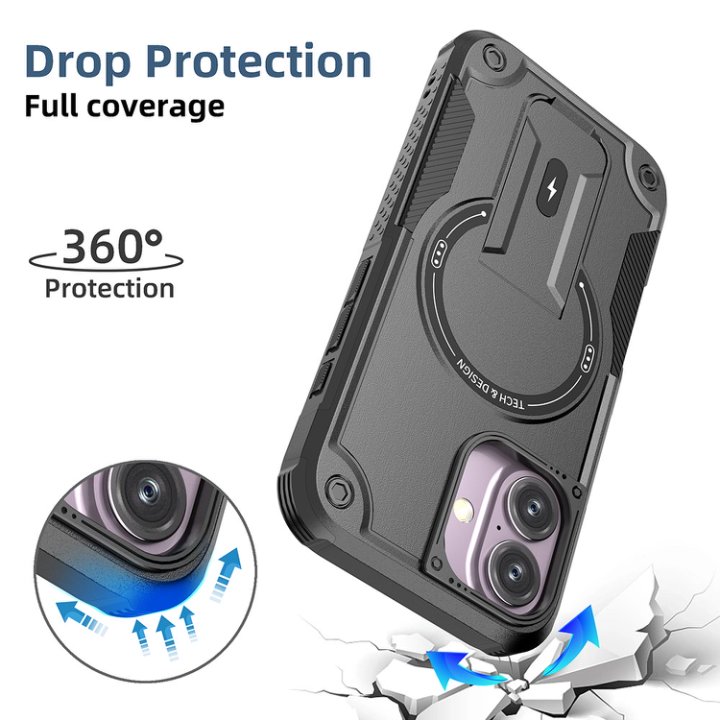Husa Bumper Compatibil cu iPhone 16, Protectie 4 Colturi Anti-soc, Suport Fix, MagSafe Compatibil, Magnet Puternic, PC + TPU, Negru Grafit