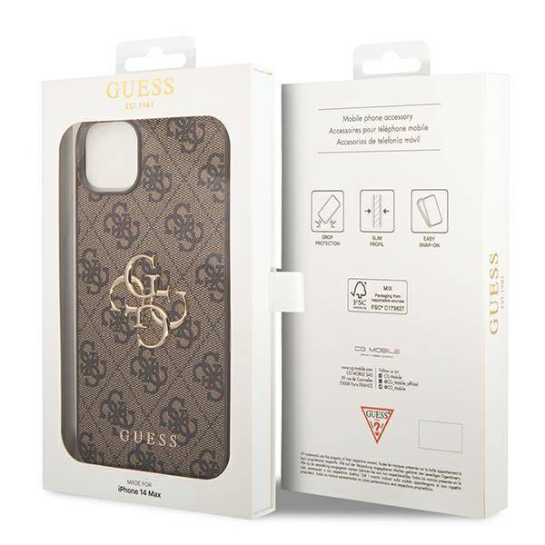 Husa de protectie Guess cu logo metalic PU 4G pentru iPhone 14, Maro
