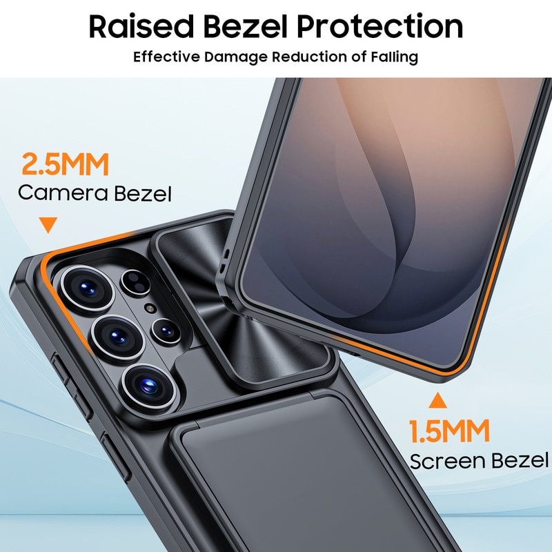 Husa pentru Samsung Galaxy S26 Ultra, protectie completa, antiscoc, suport, rigid, gauri precise, capac glisant camera, portofel cu slot carduri, protectie RFID, negru